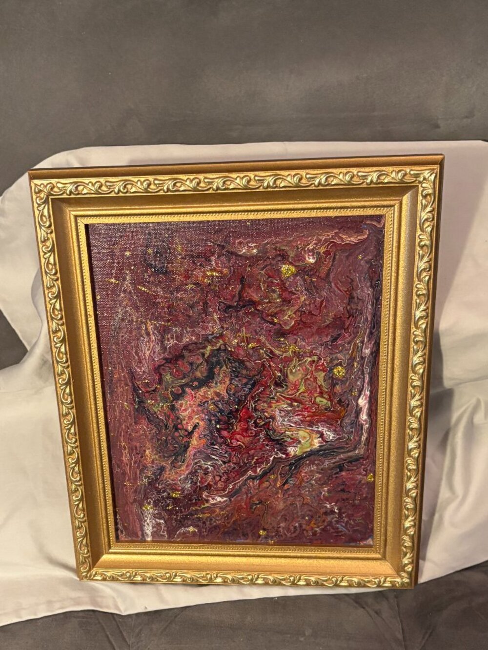 NEW Abstract Acrylic pour art painting 8x10 canvas w/Florentine Style Wood Frame